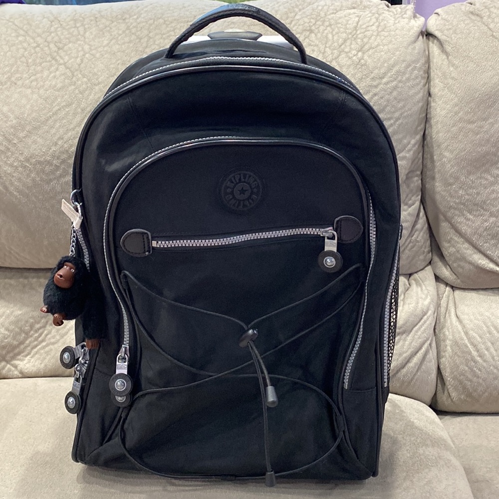 Kipling Black Backpack Roller Wheel Luggage Carry School Work Travel With Monkey